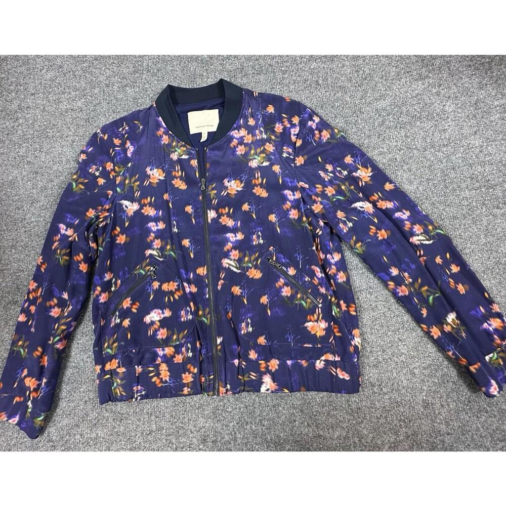 Rebecca Taylor Silk Floral Flight Jacket Blue Full Zip Bomber Size 6
